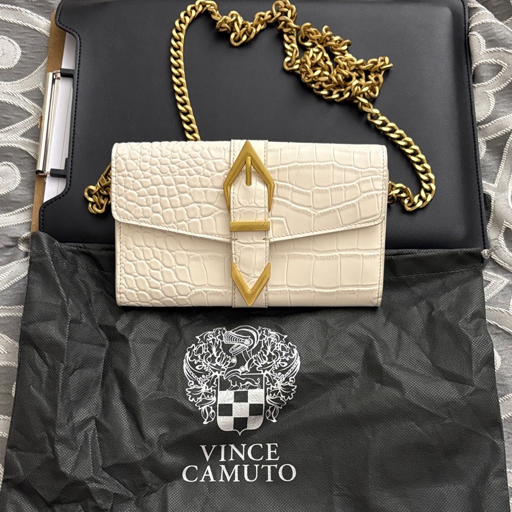 Vince Camuto Cream Croc-Embossed Chain Shoulder Bag with Gold Hardware